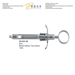 Brass Series Syringe manual aspirating breech loading with ring handle 1.8ml. metric